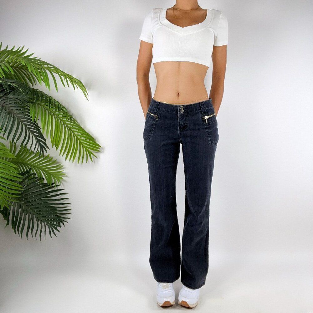 Womens Vintage Y2K Navy Indie Grunge Low Rise Streetwear Bootcut Cargo Jeans / 9 - Picture 5 of 6